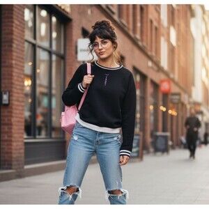 Tsuki Black Moon Pullover Sweatshirt XS Striped Trim Crewneck Casual Comfy